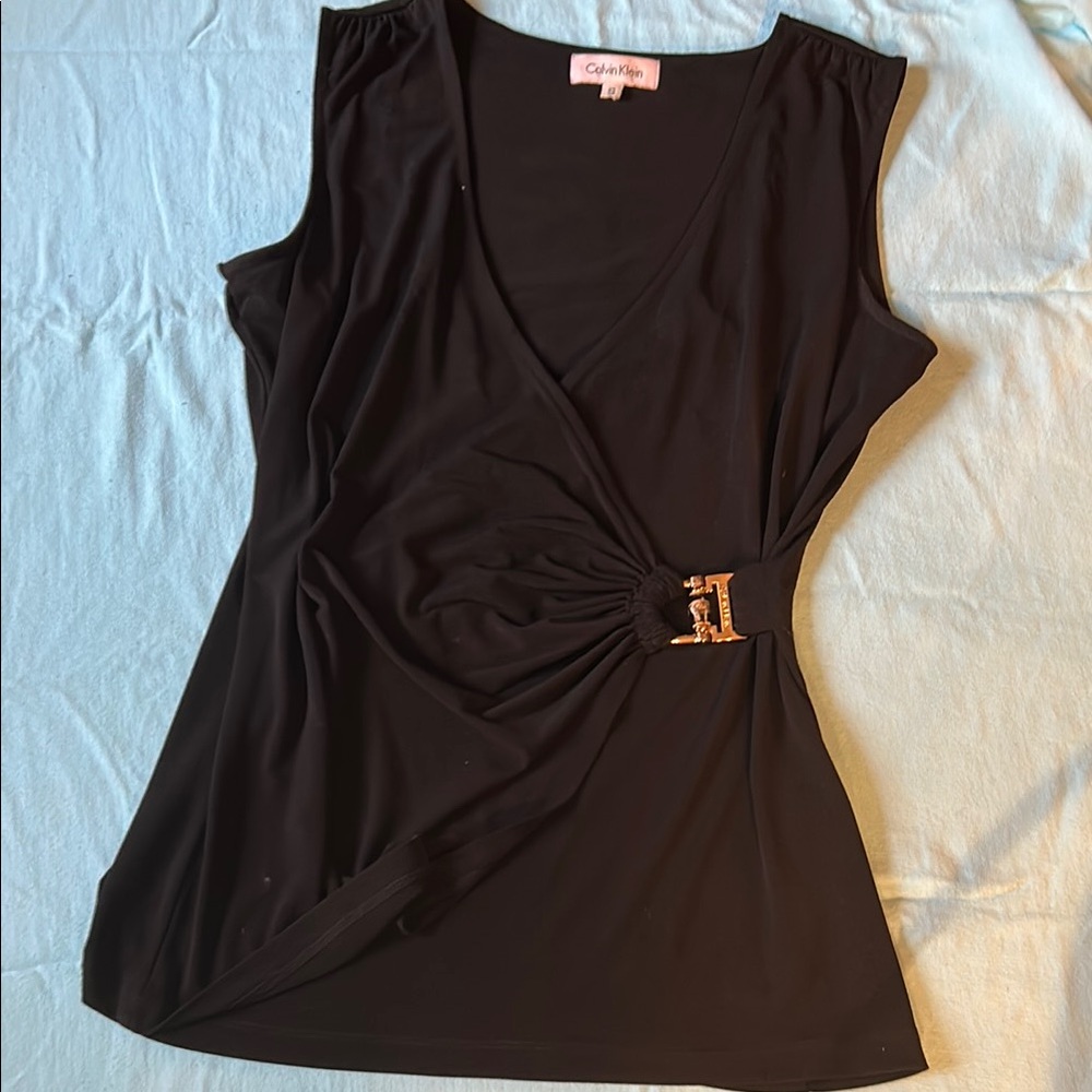 Calvin Klein Black Wrap Tank Top with Gold Accent